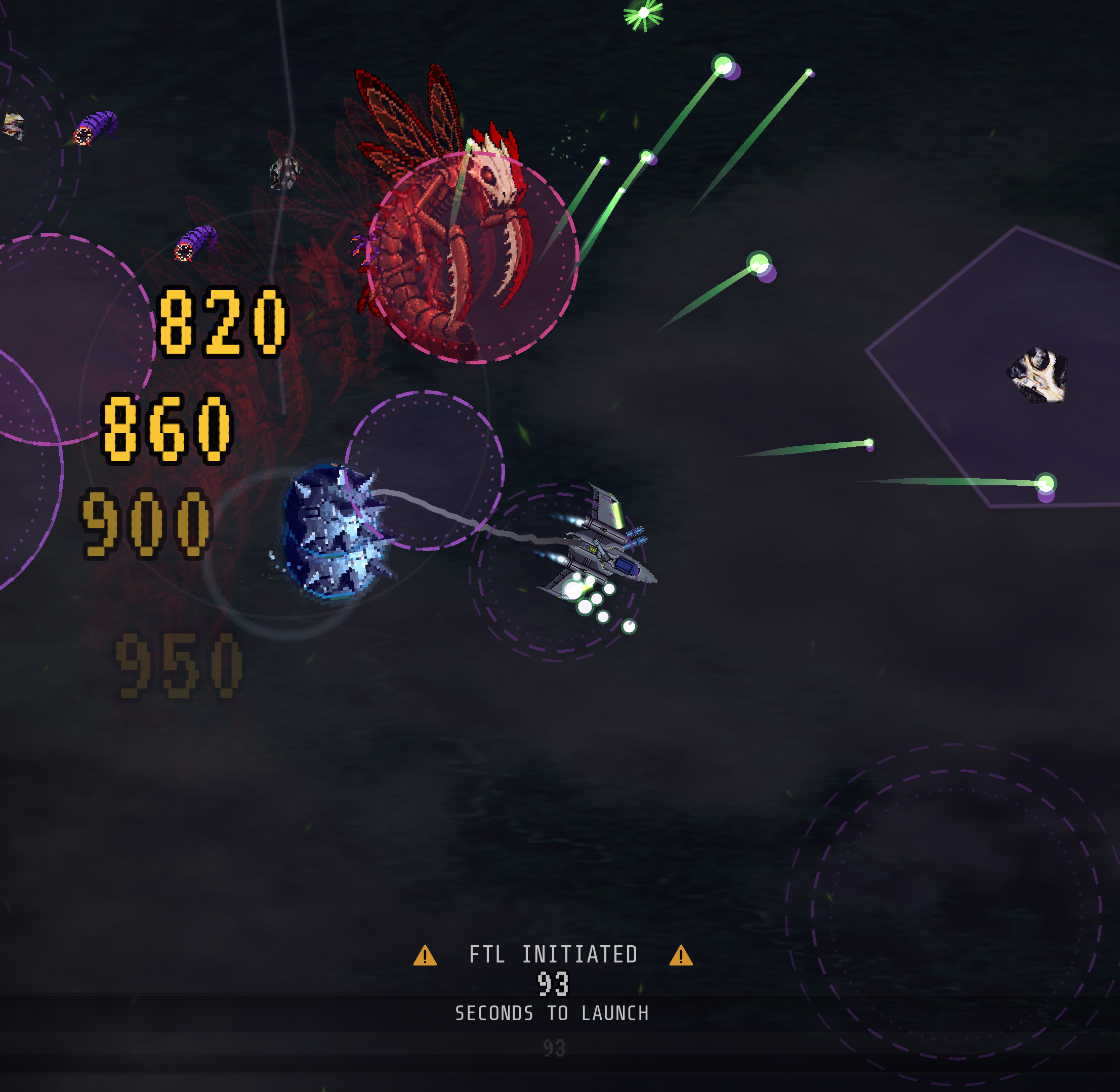 Cyrex mid-fight &mdash; per-hitbox damage numbers (820, 860, 900, 950) stacking beside his skull, claws, and abdomen while the player ship rounds him at FTL Initiated with 93 seconds to launch