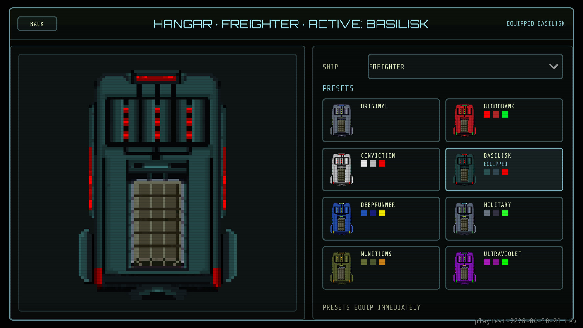 FOXFIRE hangar &mdash; selecting the Basilisk preset for the Freighter ship