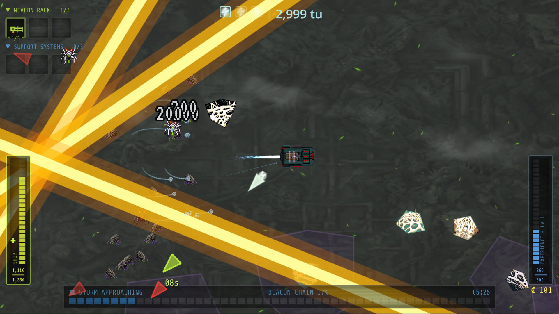 FOXFIRE gameplay &mdash; beacon-chain storm with golden energy lances