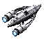 FOXFIRE Scout hull sprite — a slim twin-engine interceptor with blue engine glow, the lightest and fastest hull in the roster