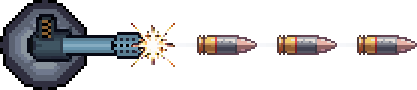 FOXFIRE Ballistic Gun sprite — a grey turret mount with a pale steel barrel, a muzzle flash at the tip and three brass-cased rounds in flight, drawn in the game's hand-drawn pixel style