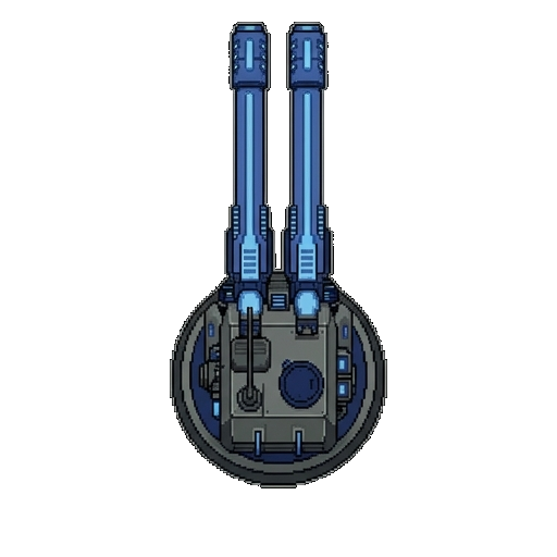 FOXFIRE Laser Gun sprite — a twin-barrel blue laser cannon on a circular turret mount, drawn in the game's hand-drawn pixel style